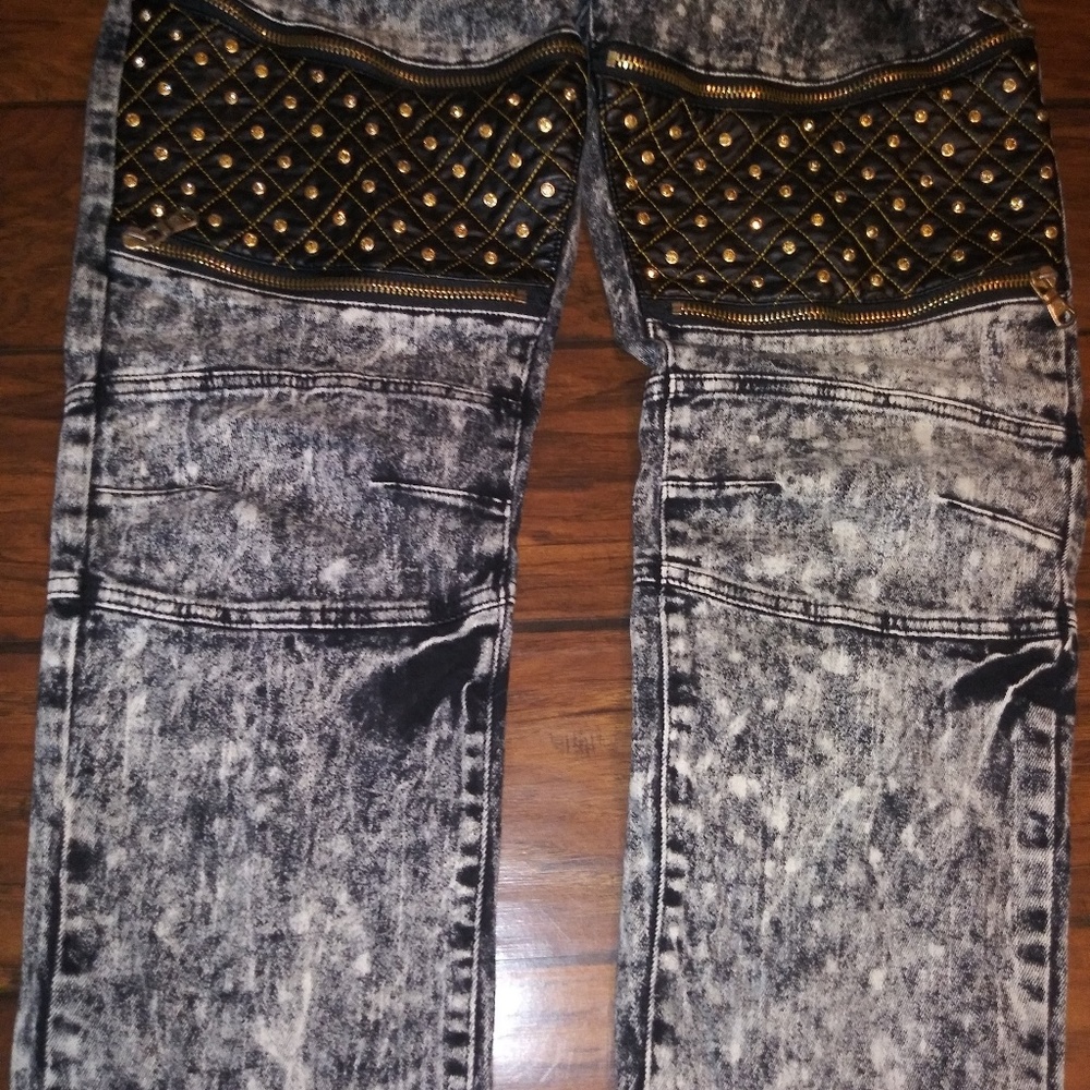NWT Men Designer Rhinestone & Leather Skinny Jeans - Picture 6 of 8